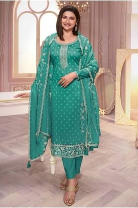 Georgette Straight Pant Suit in Teal green with Embroidered SK155085