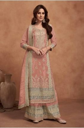 Embroidered Eid Pakistani Suit in Orange Silk SK155092