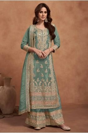 Green Embroidered Eid Pakistani Suit in Silk SK155093