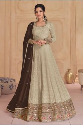 Beige Eid Anarkali Suit in Embroidered Georgette AS4035