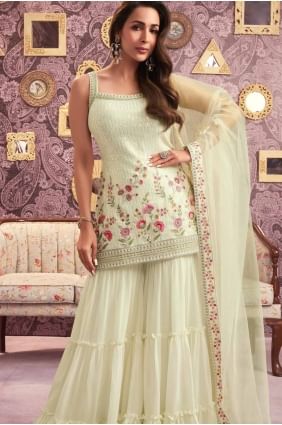 Georgette Embroidered Cream Sharara Suit with Dupatta SS1218