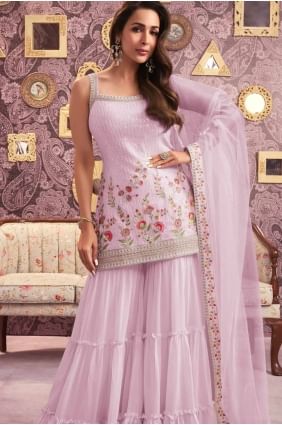 Georgette Sharara Suit in Pink with Embroidered SS1220