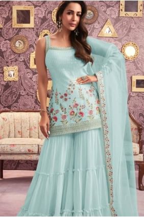 Sky blue Sharara Suit in Georgette with Embroidered SS1221