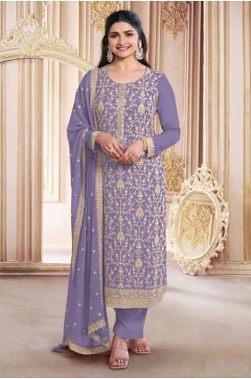 Georgette Embroidered Purple Straight Pant Suit with Dupatta SK155104