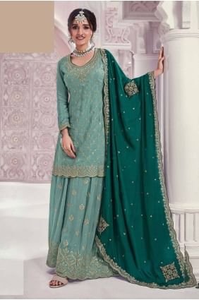 Embroidered Chiffon Sky blue Sharara Suit with Dupatta SS1224