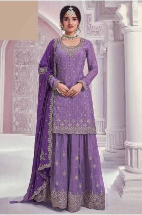 Chiffon Embroidered Violet Sharara Suit with Dupatta SS1225