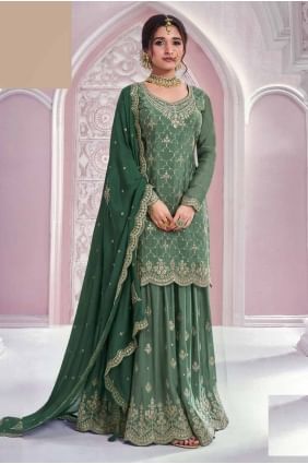 Sharara Suit in Green Chiffon with Embroidered SS1226