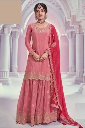 Chiffon Sharara Suit in Peach with Embroidered SS1227
