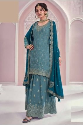 Sky blue Sharara Suit in Embroidered Chiffon SS1228