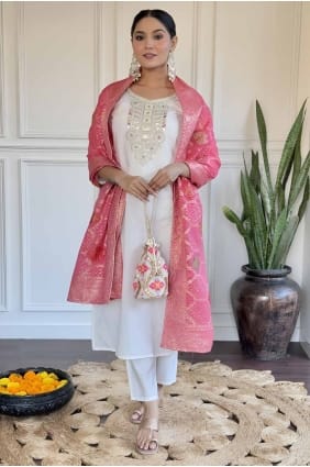 White Embroidered Viscose Straight Pant Suit SK155106