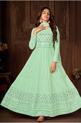 Anarkali Suit Green with Embroidered Faux georgette AS3399