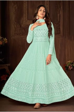 Embroidered Faux georgette Turquoise Anarkali Suit with Dupatta AS3401