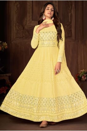 Embroidered Faux georgette Anarkali Suit in Yellow with Dupatta AS3402