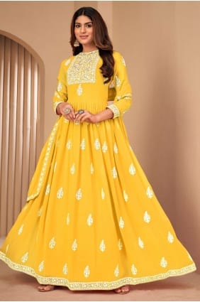 Yellow Anarkali Suit in Faux georgette with Embroidered AS3405