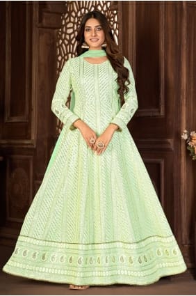 Anarkali Suit with Faux georgette Embroidered in Green AS3406