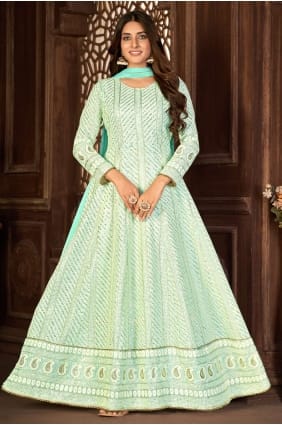 Embroidered Faux georgette Anarkali Suit in Turquoise with Dupatta AS3408