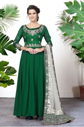 Embroidered Faux georgette Anarkali Suit in Green AS3412