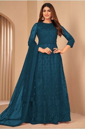 Teal Net Embroidered Anarkali Suit with Dupatta AS3417