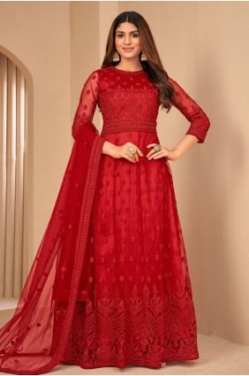 Embroidered Net Anarkali Suit in Red AS3418