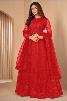 Red Net Embroidered Anarkali Suit with Dupatta AS3420