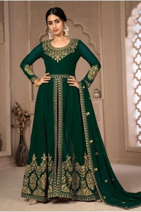 Eid Anarkali Suit in Green Faux georgette with Embroidered AS3435