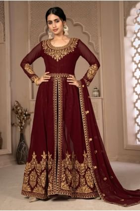 Embroidered Eid Anarkali Suit in Maroon Faux georgette AS3436