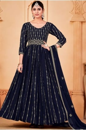 Blue Eid Anarkali Suit in Georgette with Embroidered AS3462