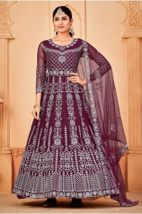 Embroidered Net Eid Anarkali Suit in Purple AS3463