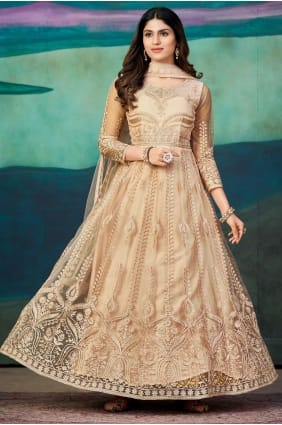 Light peach Eid Anarkali Suit in Embroidered Net AS3467