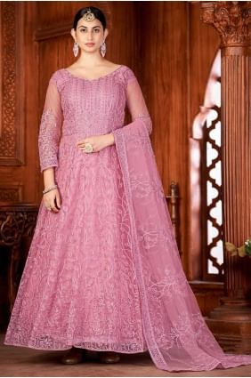 Embroidered Net Eid Anarkali Suit in Dusty with Dupatta AS3468