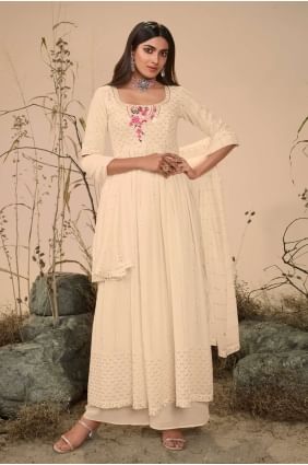 Georgette Anarkali Suit in Off white with Embroidered AS3495