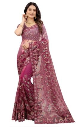 Wine Embroidered Net Saree SR23959