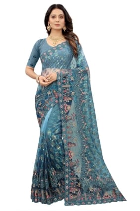 Embroidered Saree in Blue Net SR23960