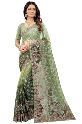 Net Saree with Embroidered in Mehndi SR23961