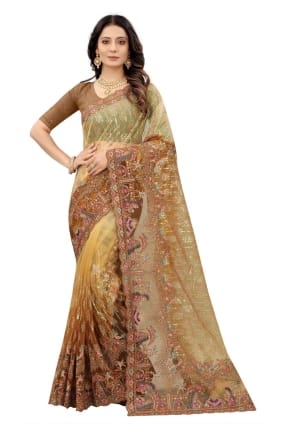 Net Mustard Saree in Embroidered SR23964