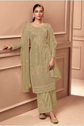 Embroidered Eid Salwar Kameez in Beige Net SK152876