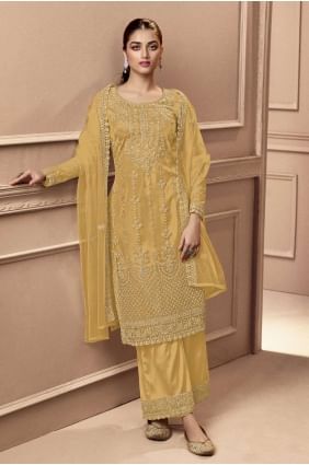 Yellow Embroidered Eid Salwar Kameez in Net SK152878