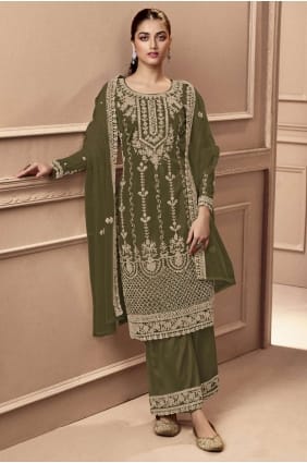 Embroidered Eid Salwar Kameez in Mehndi Net SK152882