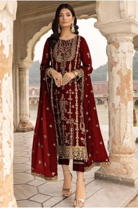 Georgette Maroon Eid Salwar Kameez in Embroidered SK152885