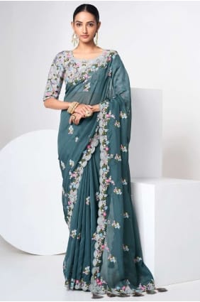 Zari,thread Organza Olive Saree with Blouse SR24027