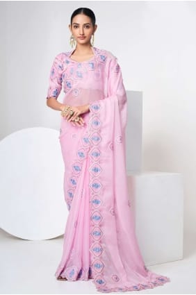 Pink Zari,thread Organza Saree SR24028