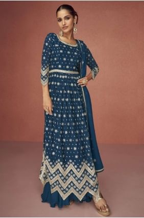 Embroidered Georgette Eid Anarkali Suit in Navy blue with Dupatta AS3517