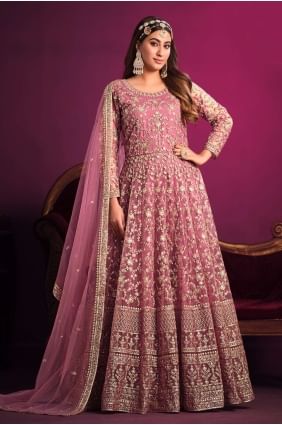 Pink Embroidered Eid Anarkali Suit in Net AS3522