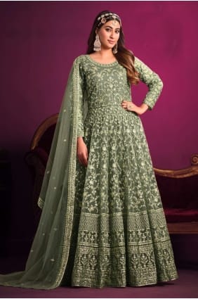 Eid Anarkali Suit Green in Net with Embroidered AS3523