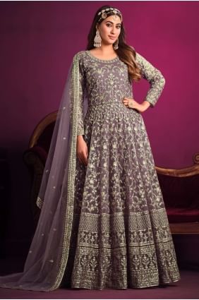 Net Eid Anarkali Suit with Embroidered in Lavender AS3524