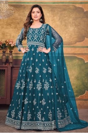 Embroidered Net Anarkali Suit in Teal with Dupatta AS3526