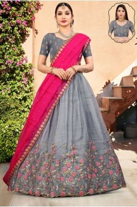 Organza Lehenga Choli with Embroidered in Grey LC6603