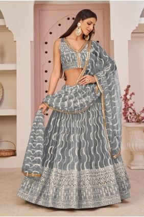 Net Grey Embroidered Lehenga Choli with Dupatta LC6619