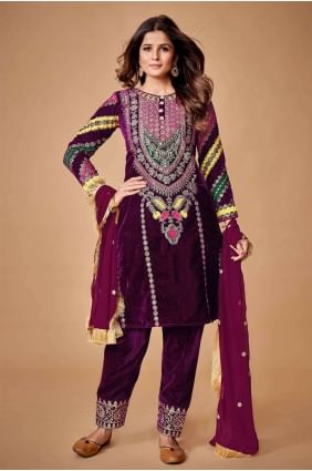 Velvet Thread Wine Pakistani Suit with Dupatta SK153062