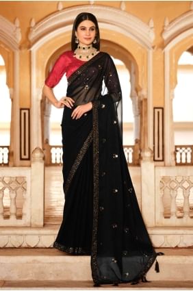 Black Saree in Chinon chiffon with Thread SR24108